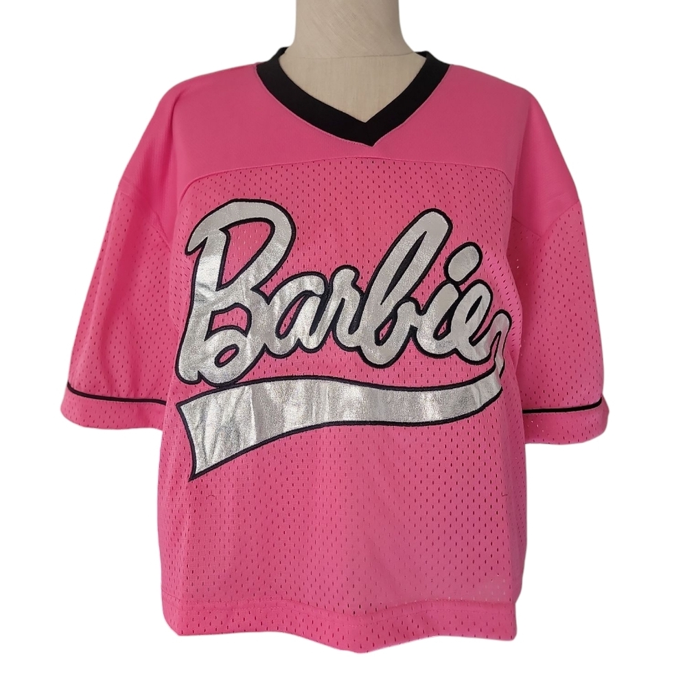 NWT Barbie Juniors Pink and Silver Cropped Football Jersey Top Size Medium